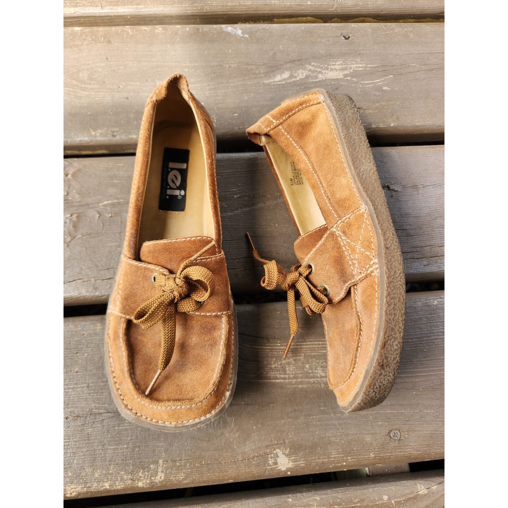 Vintage 90s y2k LEI Loafers Tan Suede Leather Bratz Lace‎ Up Square Toe 8.5M